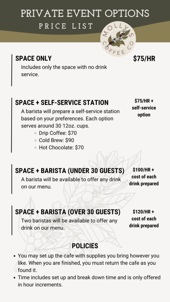 Private Event Options Price List